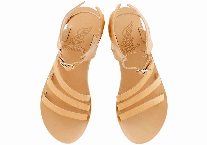 Beige Ancient Greek Sandals Ikaria Leather Women Ankle Strap Sandals | MUP148MN