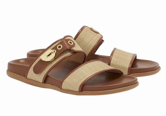 Beige Brown Ancient Greek Sandals Latria Women Slide Sandals | NAG843CA