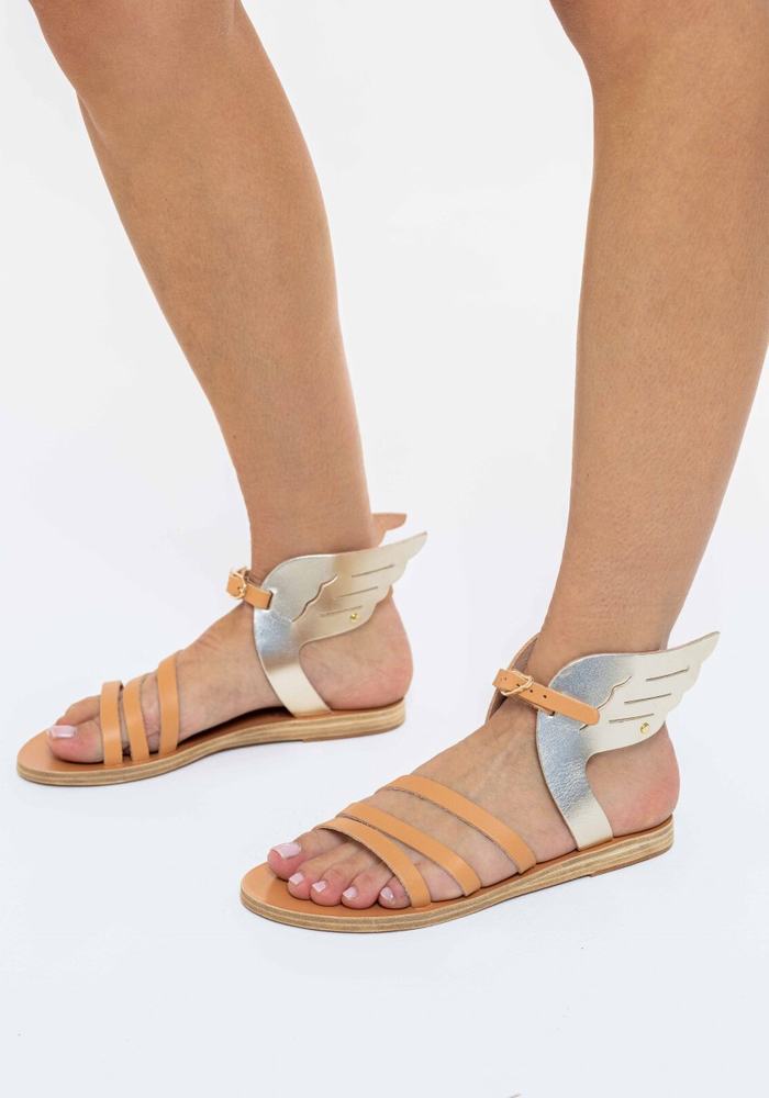 Beige Gold White Ancient Greek Sandals Ikaria Leather Women Ankle Strap Sandals | SHT9341AG