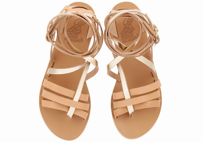 Beige Gold White Ancient Greek Sandals Satira Leather Women Gladiator Sandals | EAS9242GP