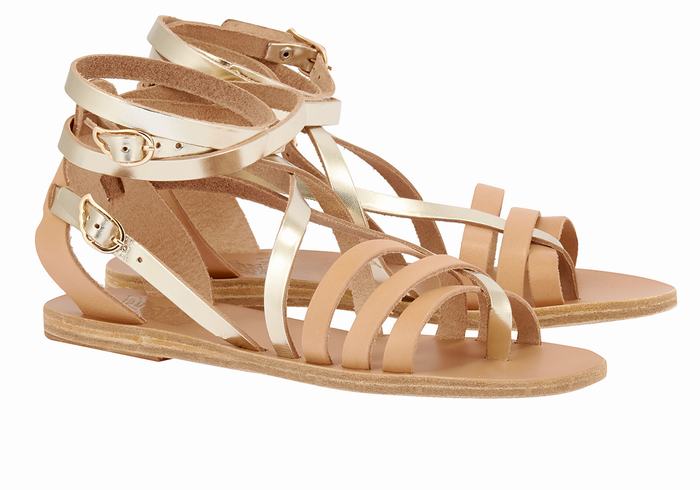 Beige Gold White Ancient Greek Sandals Satira Leather Women Gladiator Sandals | EAS9242GP