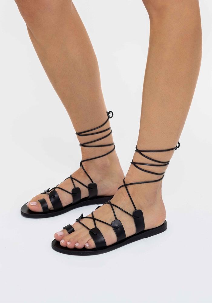 Black Ancient Greek Sandals Alcyone Leather Women Gladiator Sandals | VTZ524BL