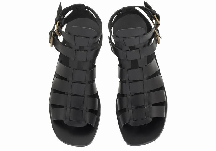 Black Ancient Greek Sandals Alexandros Leather Men Fisherman Sandals | FQB2847PR