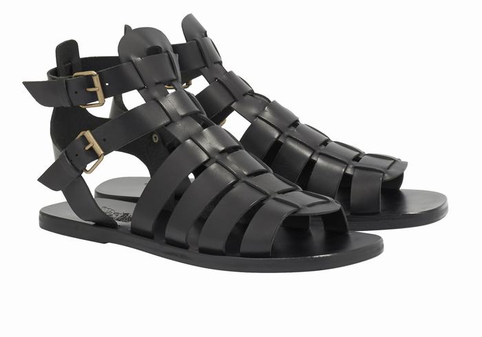 Black Ancient Greek Sandals Alexandros Leather Men Fisherman Sandals | FQB2847PR