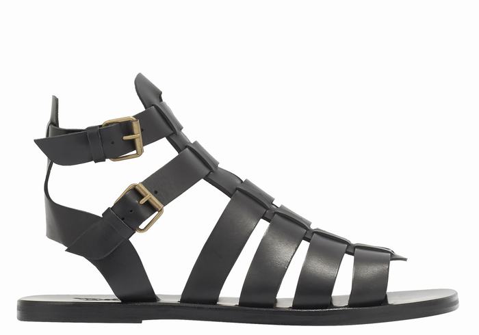 Black Ancient Greek Sandals Alexandros Leather Men Fisherman Sandals | FQB2847PR