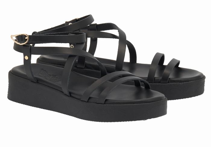 Black Ancient Greek Sandals Aristea Leather Women Platform Sandals | LZV341PF