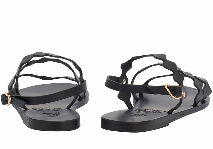 Black Ancient Greek Sandals Clio Onda Leather Women Back-Strap Sandals | GUM9428LA