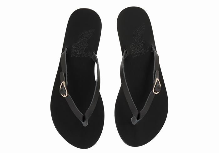 Black Ancient Greek Sandals Dihalo Leather Women Flip Flops | EDB2637ZU