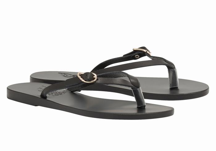 Black Ancient Greek Sandals Dihalo Leather Women Flip Flops | EDB2637ZU