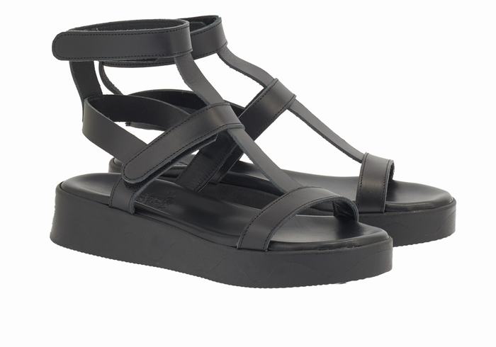 Black Ancient Greek Sandals Efrosini Leather Women Platform Sandals | ZRZ7746DH