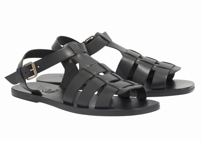 Black Ancient Greek Sandals Ektoras Leather Men Fisherman Sandals | AWM5310GD