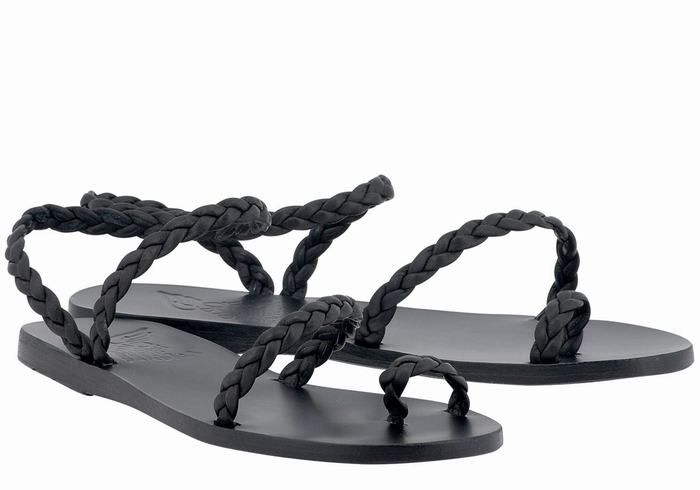 Black Ancient Greek Sandals Eleftheria Leather Women Braided Sandals | ZNR2654RI