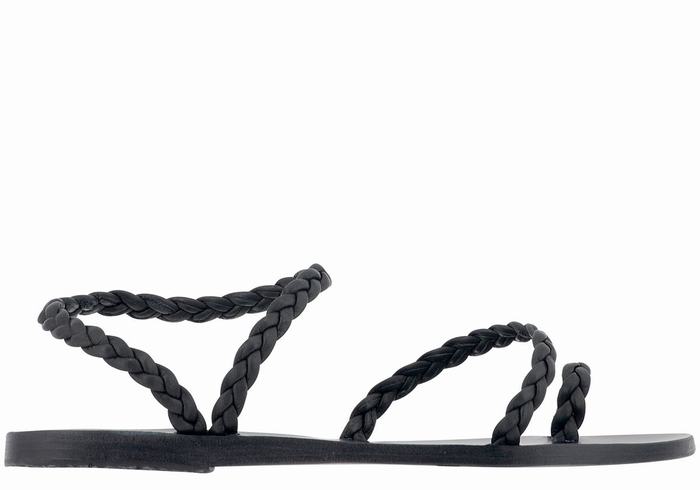 Black Ancient Greek Sandals Eleftheria Leather Women Braided Sandals | ZNR2654RI