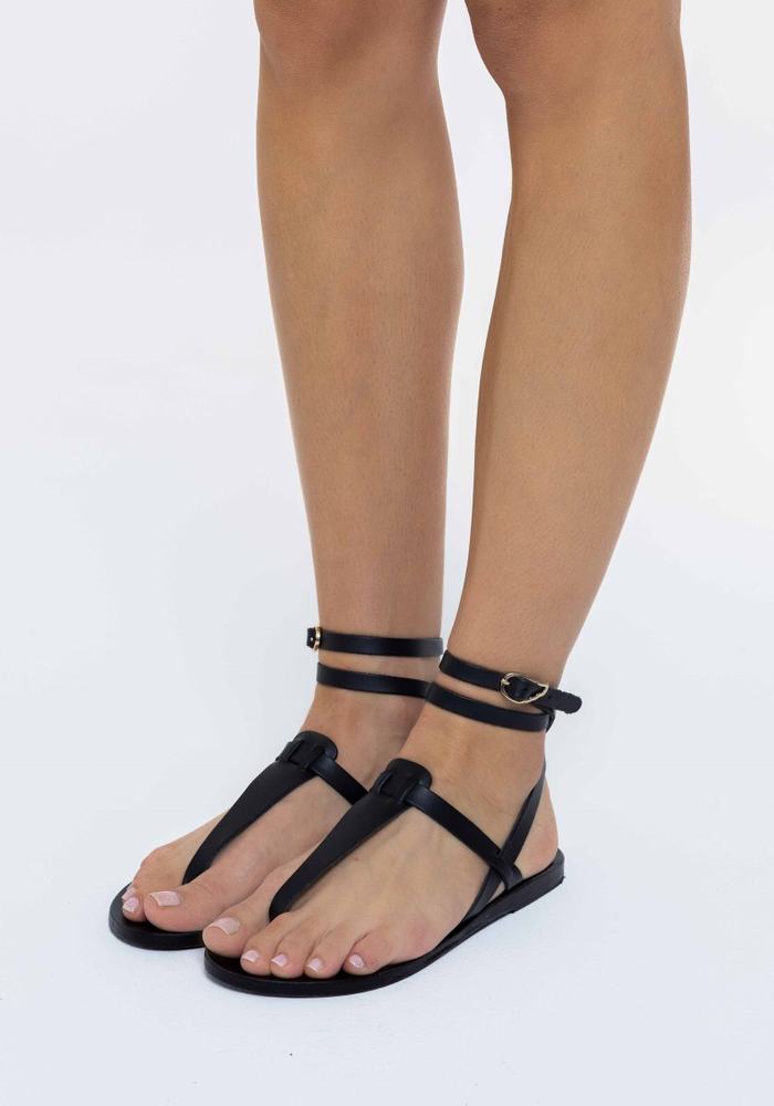 Black Ancient Greek Sandals Estia Leather Women Ankle Strap Sandals | JNJ3679GZ