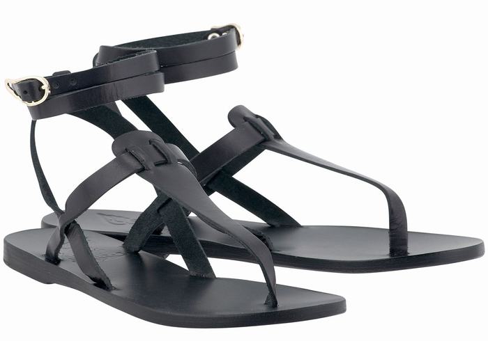 Black Ancient Greek Sandals Estia Leather Women Ankle Strap Sandals | JNJ3679GZ