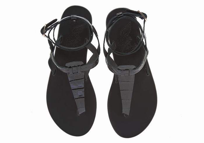 Black Ancient Greek Sandals Estia Women Ankle Strap Sandals | DQL3213AV