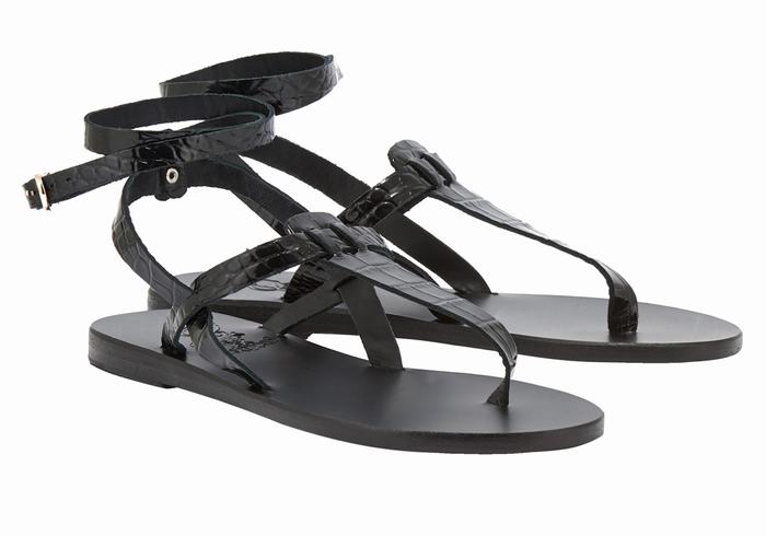 Black Ancient Greek Sandals Estia Women Ankle Strap Sandals | DQL3213AV