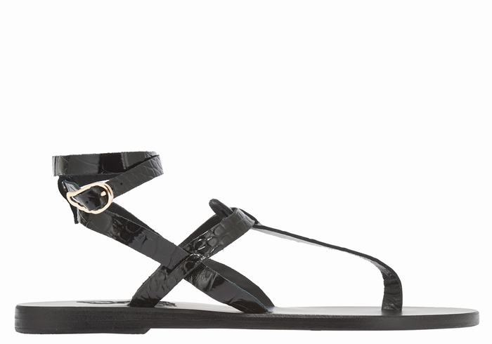 Black Ancient Greek Sandals Estia Women Ankle Strap Sandals | DQL3213AV