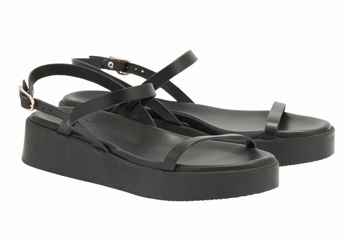 Black Ancient Greek Sandals Evriali Leather Women Platform Sandals | CGR10068XW