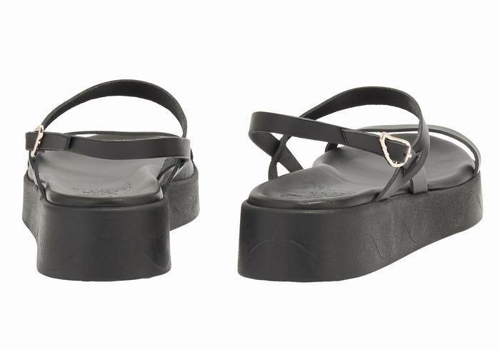 Black Ancient Greek Sandals Evriali Leather Women Platform Sandals | CGR10068XW