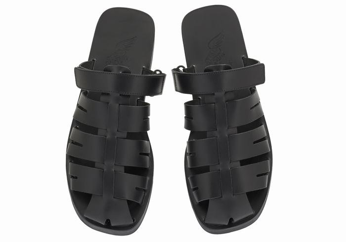 Black Ancient Greek Sandals Filoklis Leather Men Fisherman Sandals | UYO4344AC