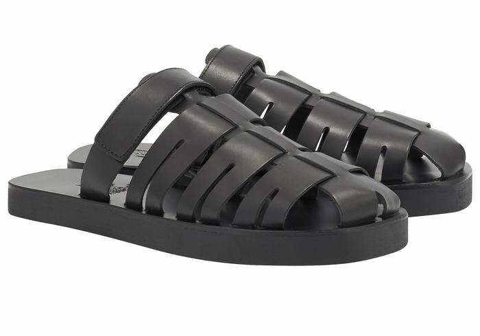 Black Ancient Greek Sandals Filoklis Leather Men Fisherman Sandals | UYO4344AC