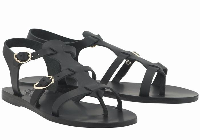 Black Ancient Greek Sandals Grace Kelly Leather Women Casual Sandals | UKI4744DZ