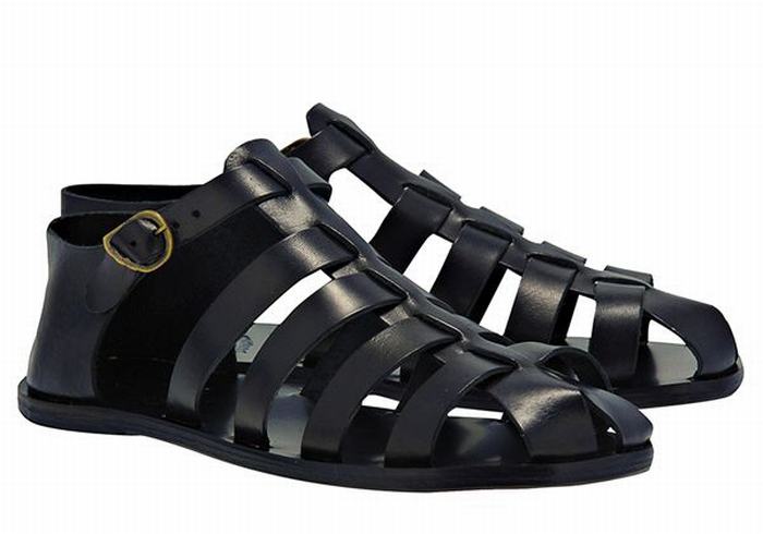 Black Ancient Greek Sandals Homer Leather Men Fisherman Sandals | QWK5977OB