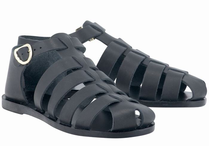 Black Ancient Greek Sandals Homeria Leather Women Fisherman Sandals | FAH7442UV