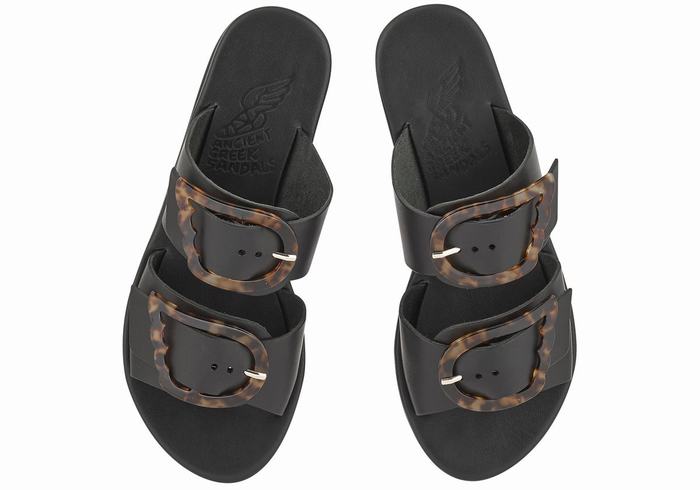 Black Ancient Greek Sandals Iaso Women Slide Sandals | OAU1009RT