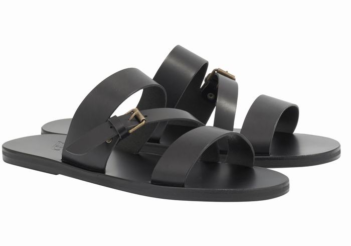 Black Ancient Greek Sandals Ifiklis Leather Men Slide Sandals | JEB8866OL