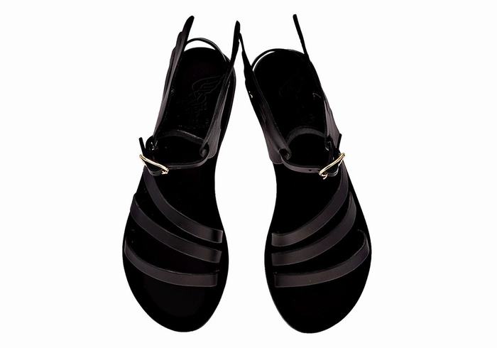 Black Ancient Greek Sandals Ikaria Leather Women Ankle Strap Sandals | GOV4012IF