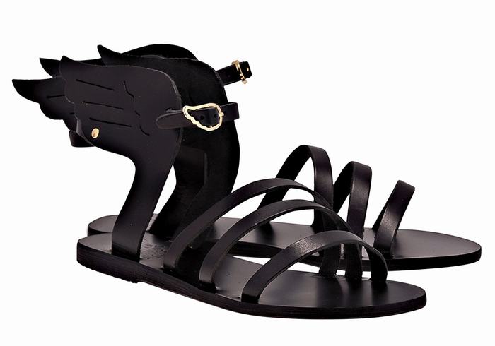 Black Ancient Greek Sandals Ikaria Leather Women Ankle Strap Sandals | GOV4012IF