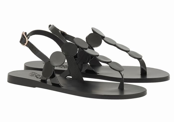 Black Ancient Greek Sandals Ilios Flip Flop Leather Women Back-Strap Sandals | MYF9845YL