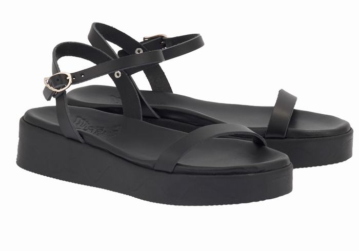 Black Ancient Greek Sandals Irida Leather Women Platform Sandals | EGI8570AP