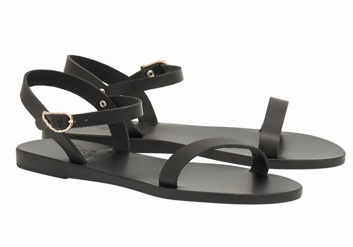 Black Ancient Greek Sandals Irida Leather Women Back-Strap Sandals | SWP1394PJ