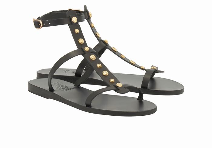 Black Ancient Greek Sandals Meliti Bee Women Ankle Strap Sandals | LNS9482AL