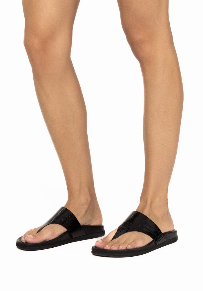 Black Ancient Greek Sandals Mera Footbed Women Flip Flops | LLW2839DZ