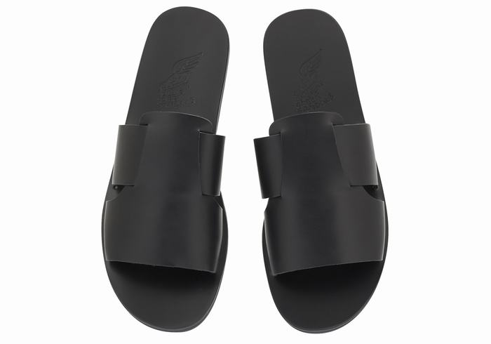 Black Ancient Greek Sandals Miltiadis Leather Men Slide Sandals | ZRP805KX