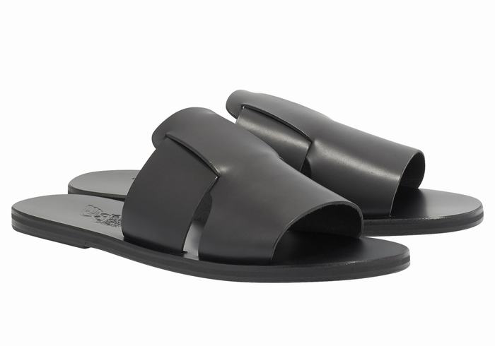 Black Ancient Greek Sandals Miltiadis Leather Men Slide Sandals | ZRP805KX