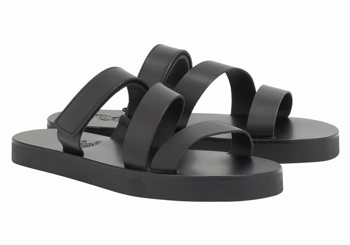 Black Ancient Greek Sandals Morfeas Men Slide Sandals | ZXE5581US