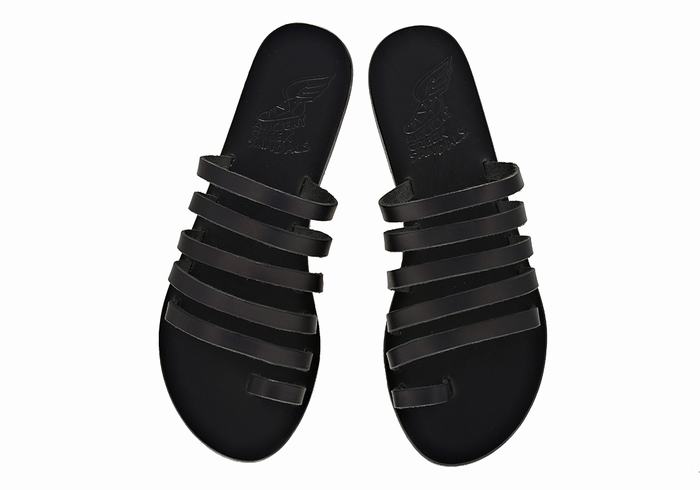 Black Ancient Greek Sandals Niki Leather Women Toe-Post Sandals | HZV2326PS