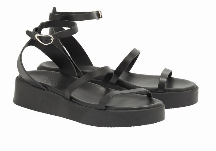 Black Ancient Greek Sandals Nissida Leather Women Platform Sandals | TRJ6979BY