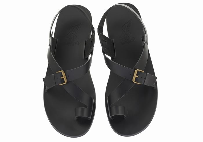 Black Ancient Greek Sandals Paris Leather Men Toe-Post Sandals | KXO7284HS