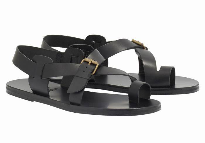 Black Ancient Greek Sandals Paris Leather Men Toe-Post Sandals | KXO7284HS