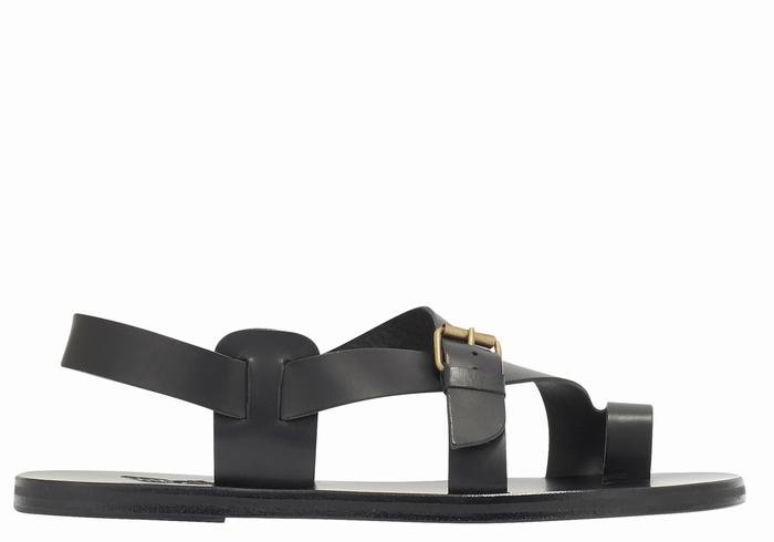 Black Ancient Greek Sandals Paris Leather Men Toe-Post Sandals | KXO7284HS