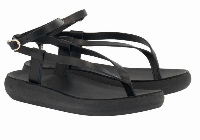 Black Ancient Greek Sandals Salomi Comfort Women Ankle Strap Sandals | POQ4649JY