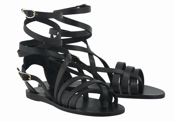 Black Ancient Greek Sandals Satira Leather Women Gladiator Sandals | QHS5926MX