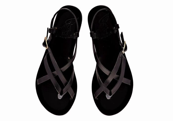 Black Ancient Greek Sandals Semele Leather Women Back-Strap Sandals | CHY9769CN