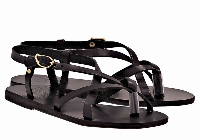 Black Ancient Greek Sandals Semele Leather Women Back-Strap Sandals | CHY9769CN